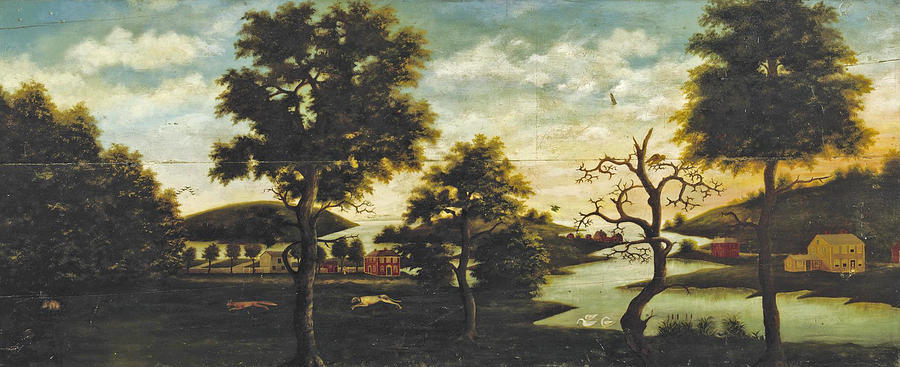 Tree Painting - A Landscape with Trees Red and Yellow Houses on a Lake Hound Pursuing a Red Fox by Winthrop Chandler