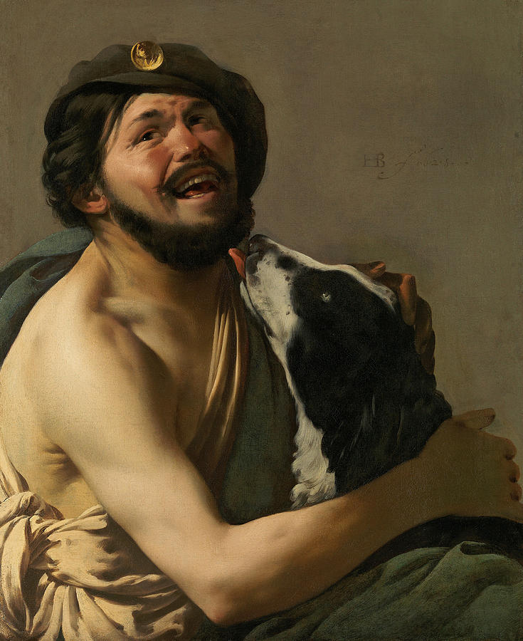 Hendrick Ter Brugghen Painting - A Laughing Bravo with his Dog by Hendrick Ter Brugghen