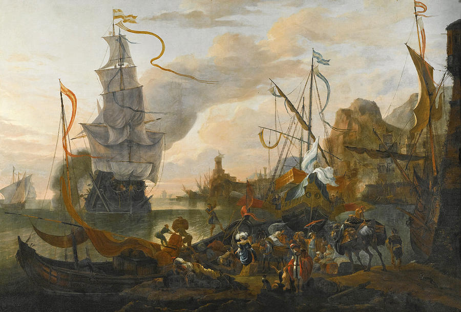 A Levantine Harbour with a Galley and a Man-of-War coming in to Anchor  Painting by Hendrik van Minderhout