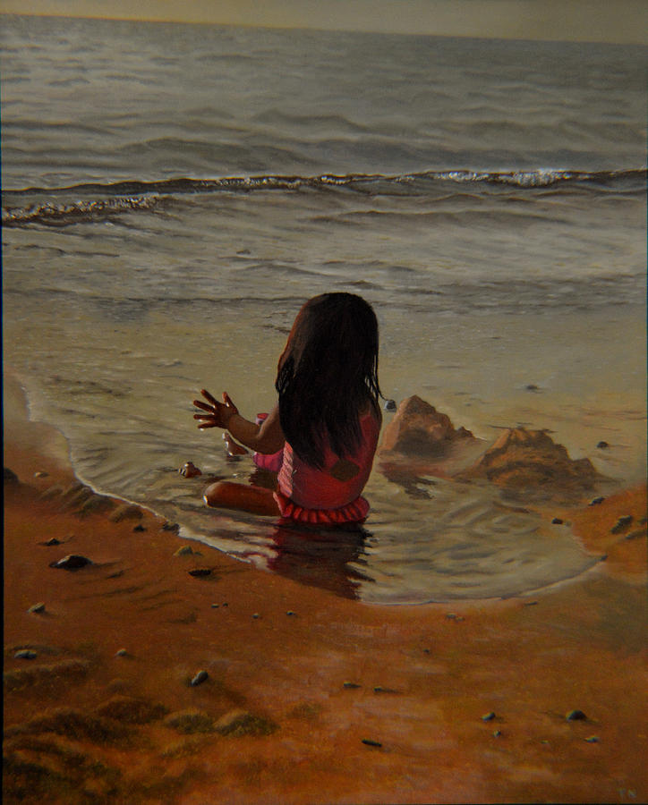 A line between ocean and sand 2 Painting by Thu Nguyen