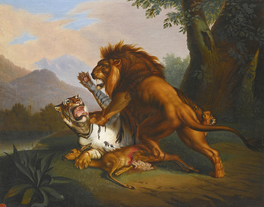 A Lion and Tiger in Combat Painting by Johann Wenzel Peter