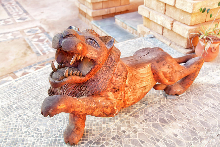 A lion as wood sculpture is standing in an inner courtyard Photograph by Gina Koch