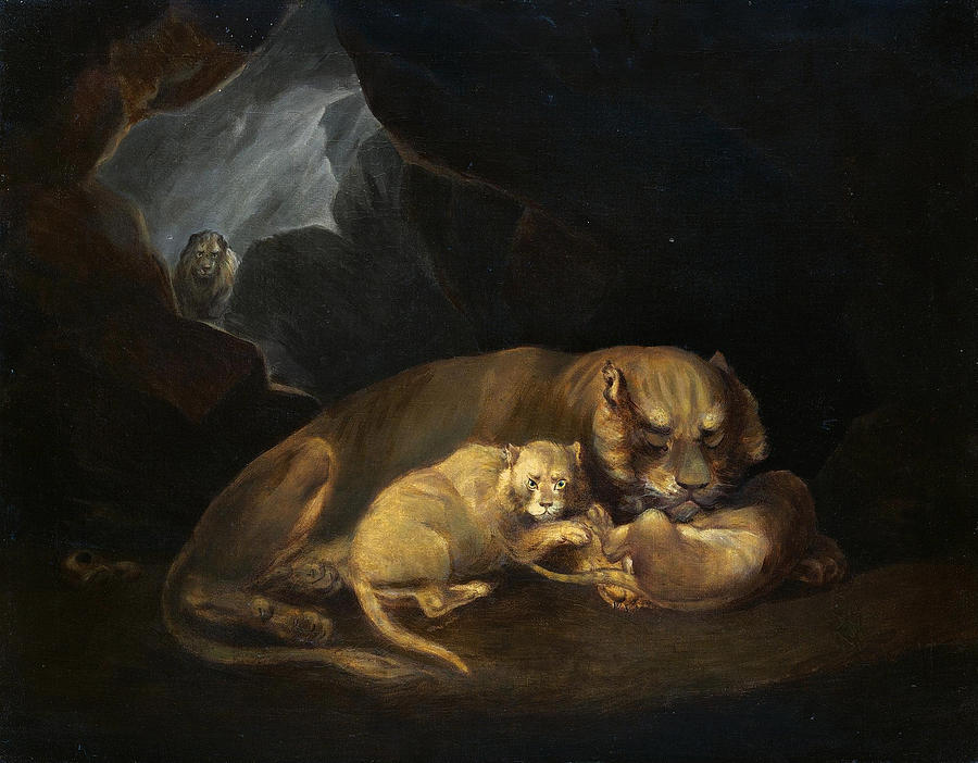 A Lioness in a Cave with her Cubs Painting by William Huggins