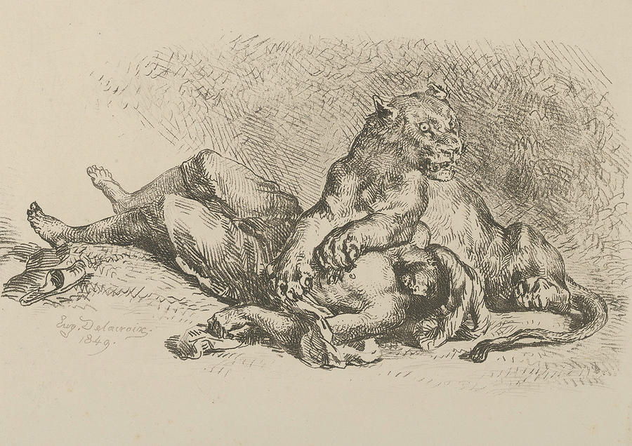 A Lioness Mauling the Chest of an Arab Relief by Eugene Delacroix