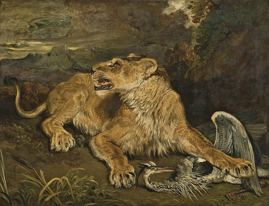 A Lioness with a Heron Painting by James Ward