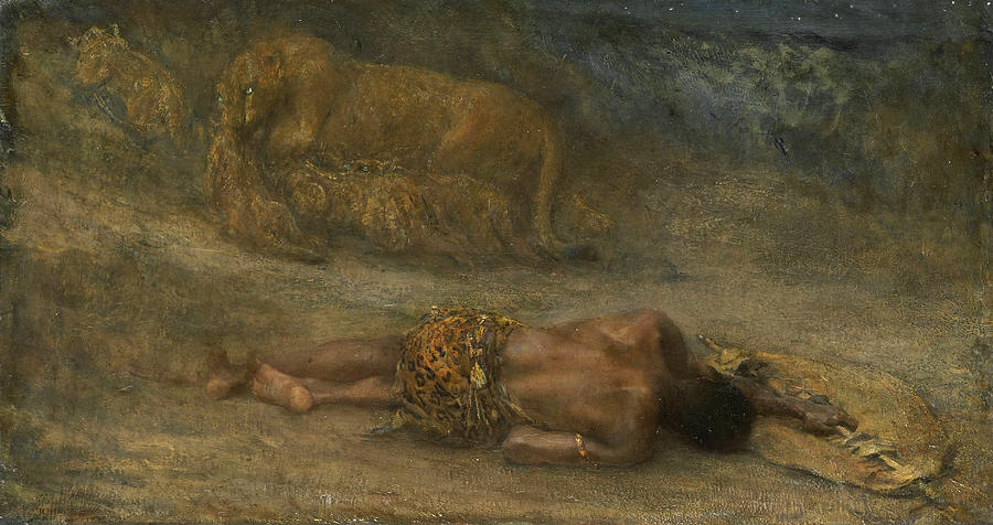 A lioness with her cubs near a dead black man called Nemesis Painting by John Macallan Swan