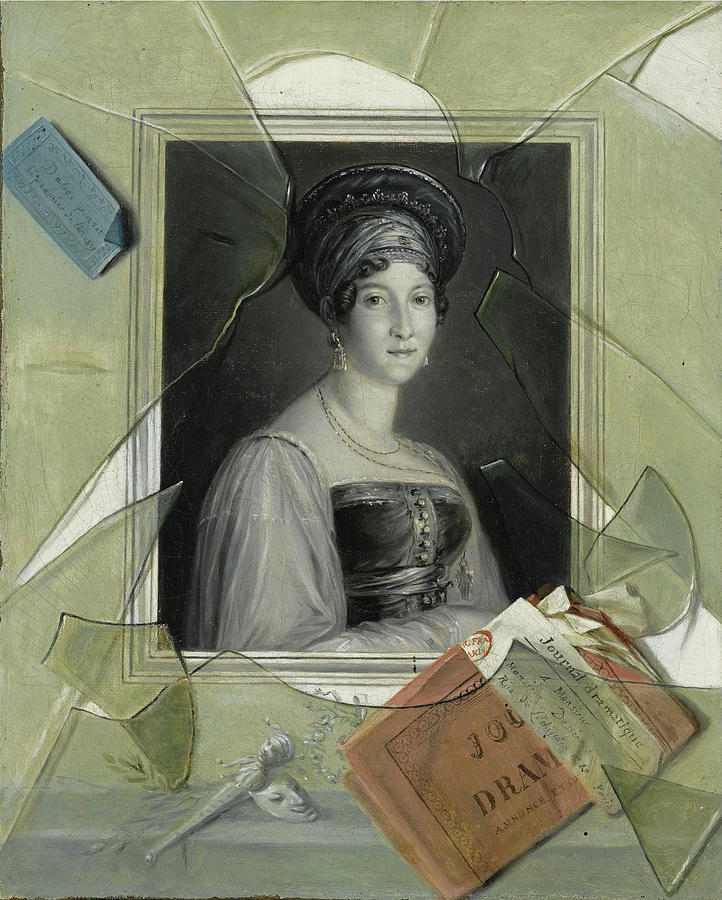 Famous Paintings Painting - A Lithograph Portrait of a Woman with a Playbill behind broken Glass by Laurent Dabos
