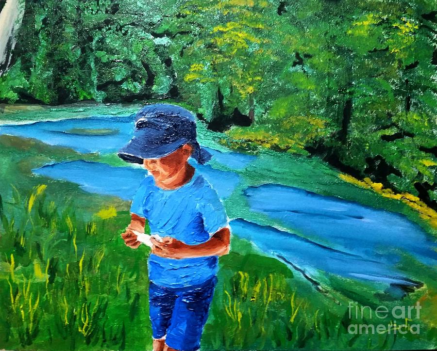 A little boy with curly hair, wise beyond his years  Painting by Eli Gross