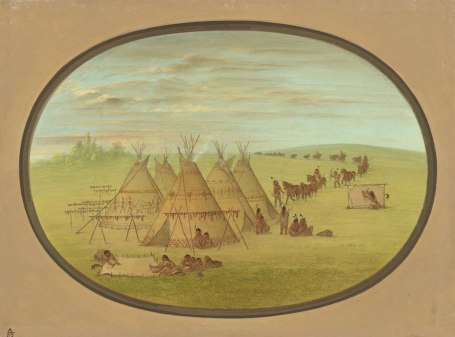 A Little Sioux Village Painting by George Catlin