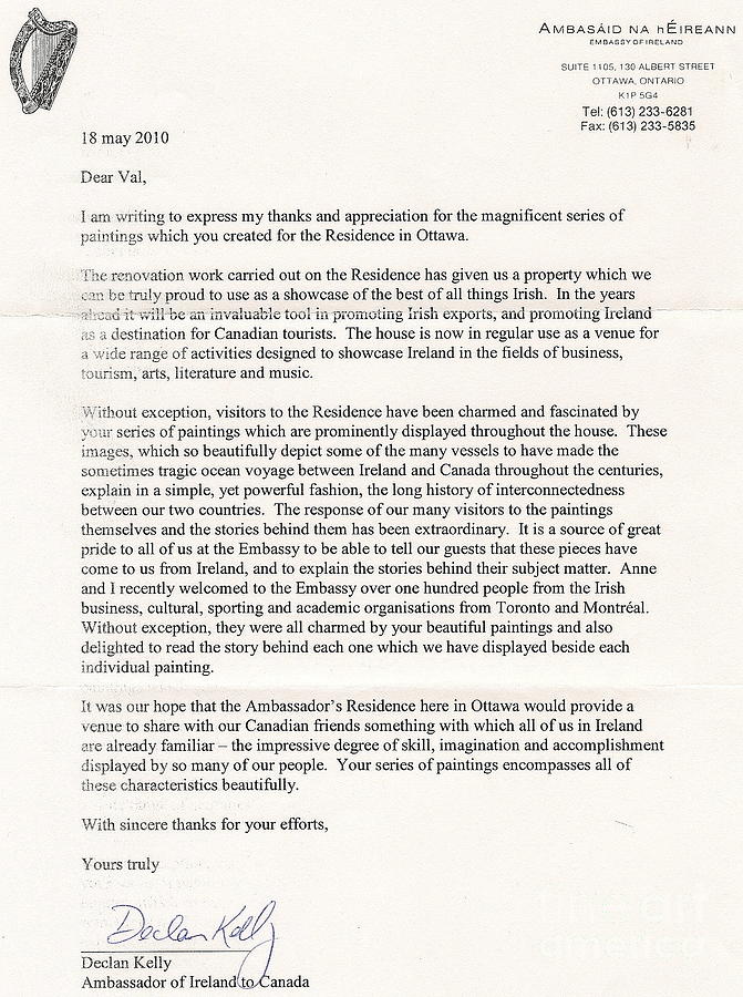 IRELAND CANADA LINKS..a letter from the Irish Ambasador Painting by Val Byrne