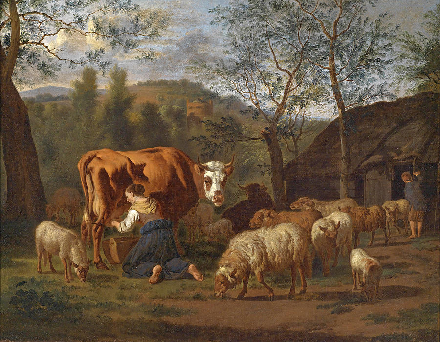 A Maid milking a cow and goats in front of the barn Painting by Adriaen van de Velde