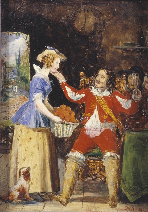 A Maid Offering a Basket of Fruit to a Cavalier Painting by John Everett Millais