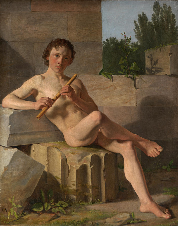 A Male Model Playing Flute Painting by Constantin Hansen