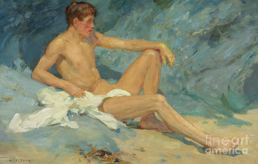 Henry Scott Tuke Painting - A male nude reclining on rocks by Henry Scott Tuke