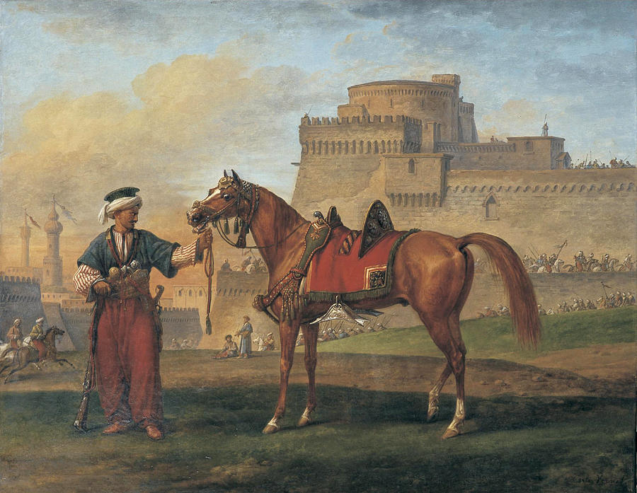 A Mameluk leading his Horse with a Citadel in the Background Painting by Carle Vernet
