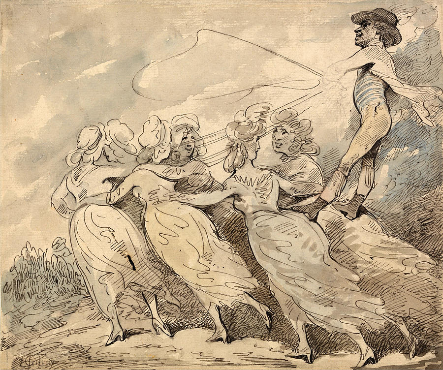 A Man Driving a Team of Six Girls Drawing by Thomas Rowlandson