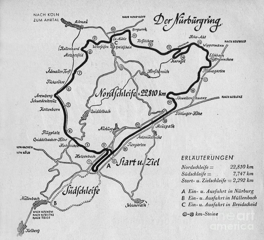 A map of the Nurburgring Circuit Drawing by German School