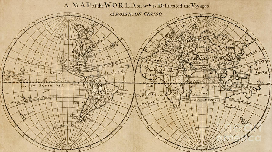 A Map of the World with the Voyage of Robinson Crusoe Drawing by English School