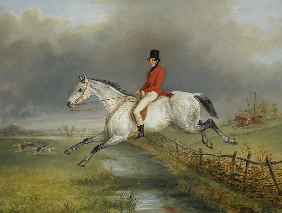 Horse Painting - A Master of the Royal Buckhounds Clearing a Fence on a Grey Hunter by George Henry Laporte