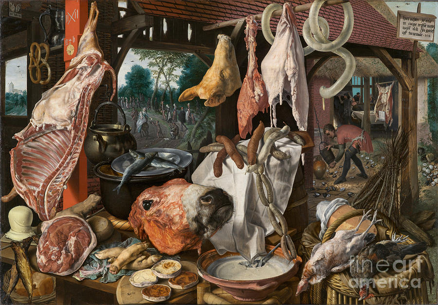 A Meat Stall with the Holy Family Giving Alms Painting by Celestial Images