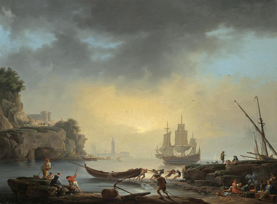 A Mediterranean Coastal Scene With Fishermen Bringing In Their Boats And A Man Of War At Anchor Beyo Painting by Claude-Joseph Vernet
