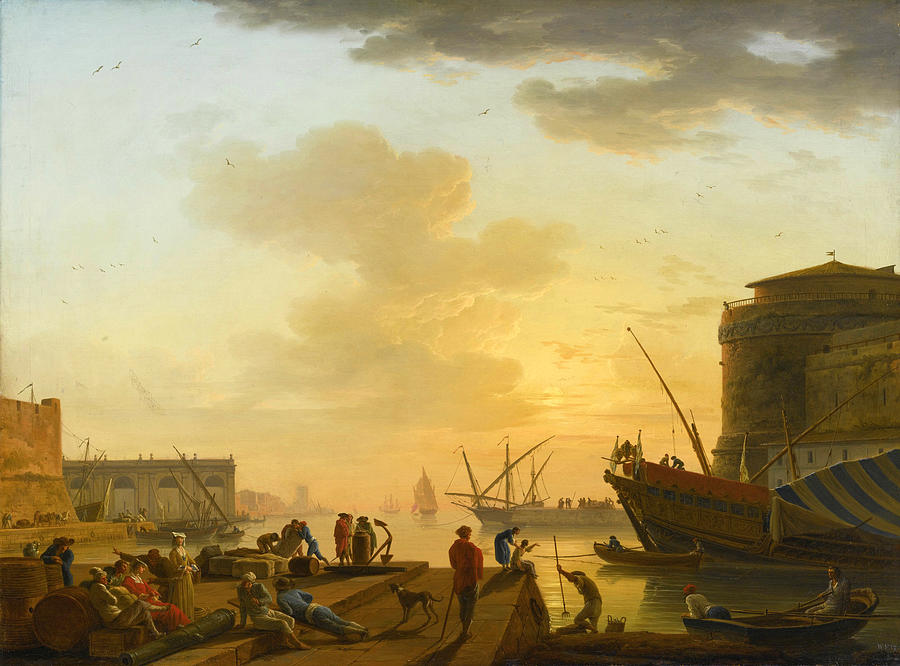 A Mediterranean harbour at sunset with  fisherfolk and merchants on a quay clair de lune Painting by Claude-Joseph Vernet