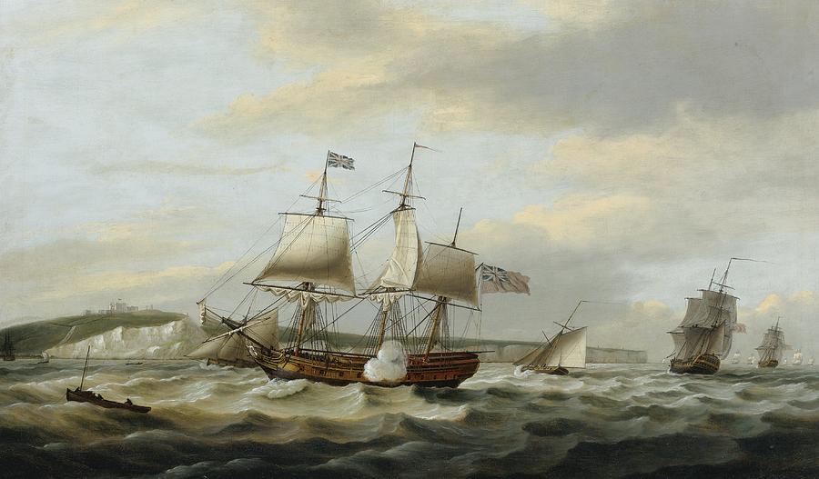A merchant ship signaling for a pilot off the cliffs of Dover Painting by Thomas Luny