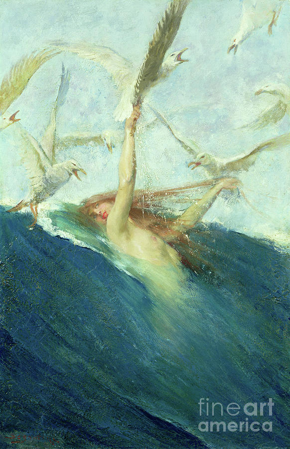 A Mermaid Being Mobbed by Seagulls Painting by Giovanni Segantini