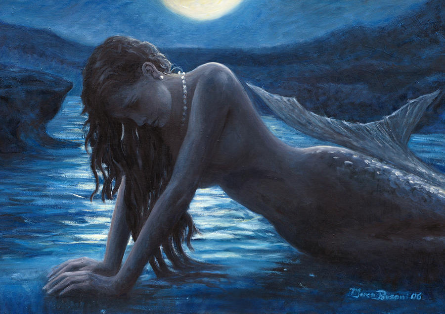 Mermaid Painting - A mermaid in the moonlight - love is mystery by Marco Busoni