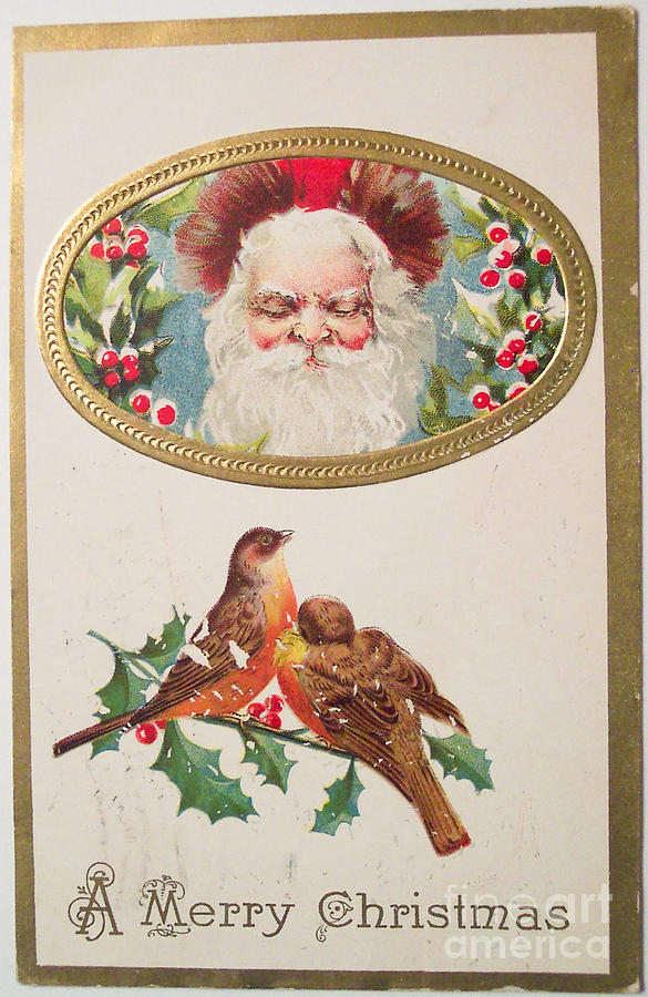 A Merry Christmas from Santa Claus vintage greeting card with Robins Painting by Vintage Collectables