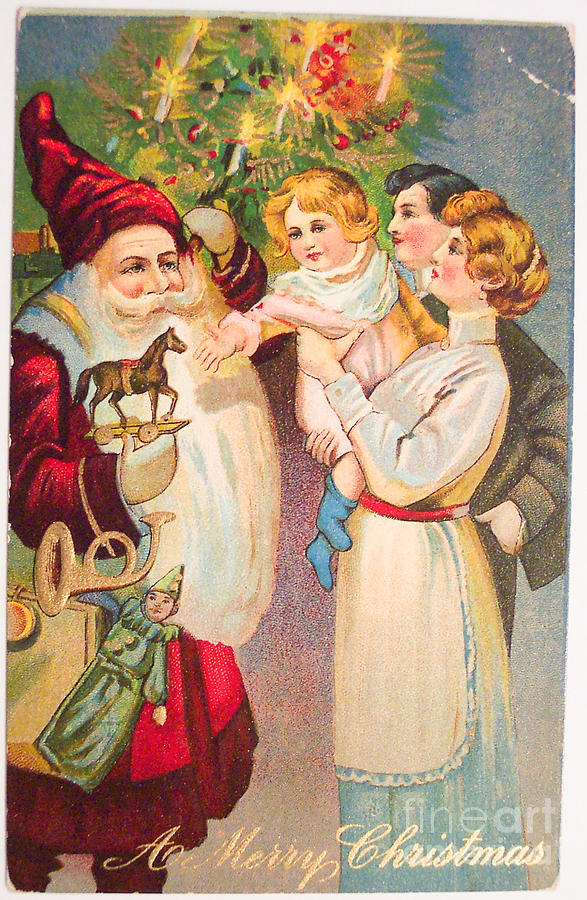 A Merry Christmas vintage card Santa and a family Painting by Vintage Collectables