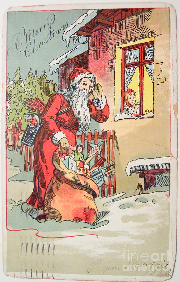 A Merry Christmas vintage greetings from Santa Claus and his gifts Painting by Vintage Collectables