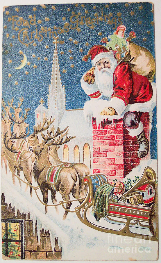 A Merry Christmas vintage greetings from Santa Claus and his Raindeer Painting by Vintage Collectables