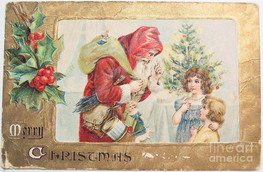 A Merry Christmas vintage greetings from Santa Claus hands out his gifts Painting by Vintage Collectables