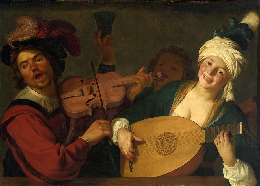 Gerrit Van Honthorst Painting - A Merry Group behind a Balustrade with a Violin and a Lute Player by Gerrit van Honthorst
