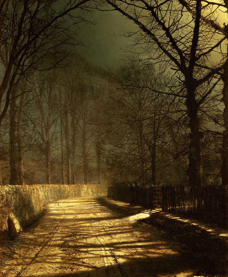 A Moonlit Lane with two lovers by a gate Painting by John Atkinson Grimshaw