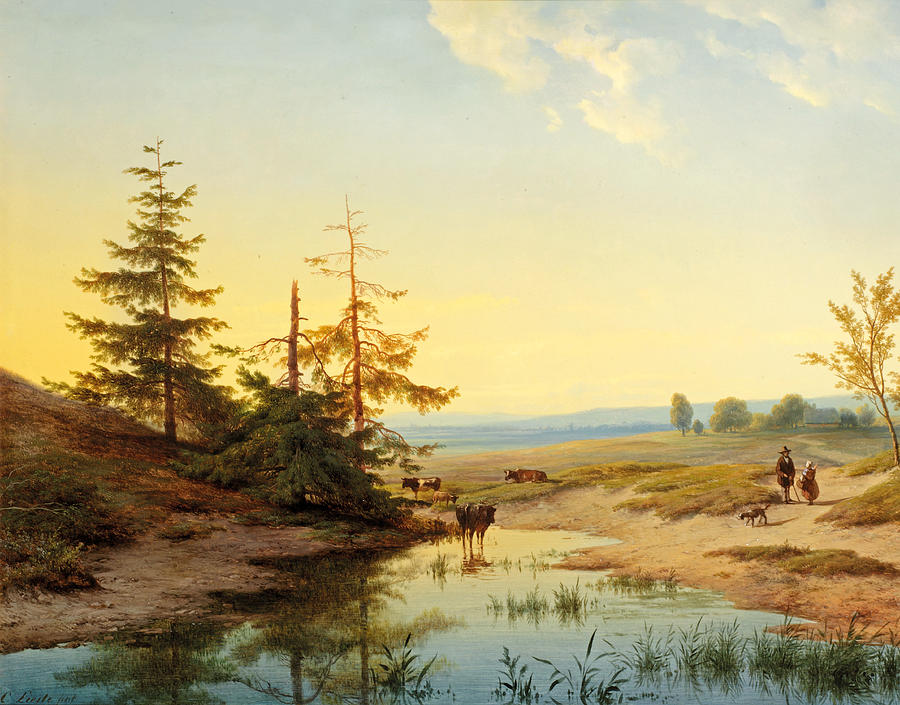 Sunset Painting - A moorland with figures and cattle by a pond by Cornelis Lieste