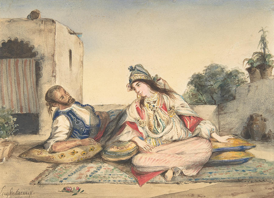 A Moroccan Couple on Their Terrace Drawing by Eugene Delacroix