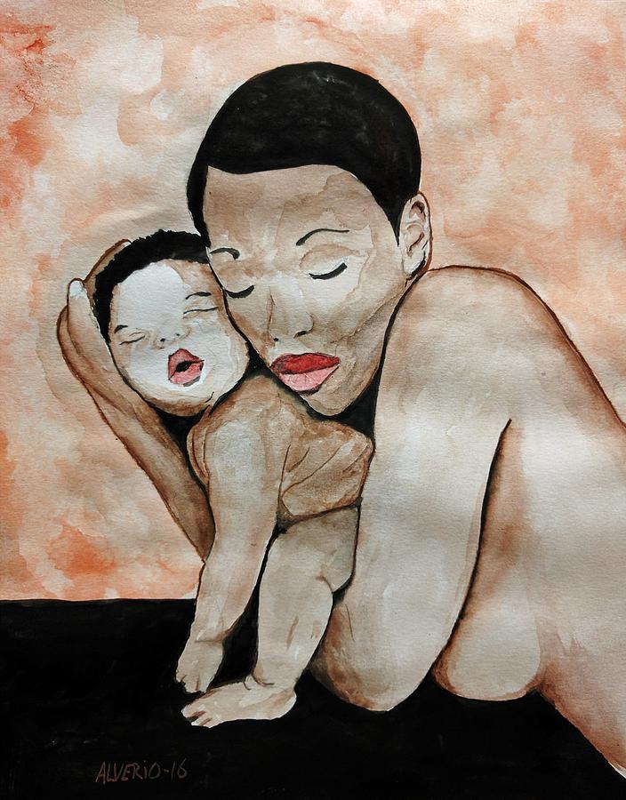 A Mother Holding A Baby Painting by Edwin Alverio