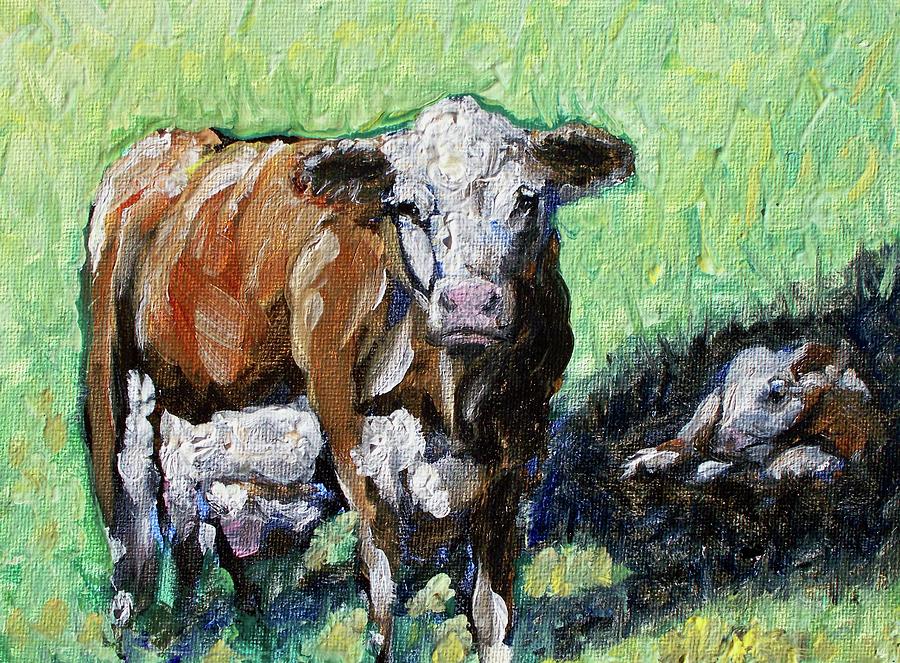 Cow Painting - A mothers love by Sheila Tajima