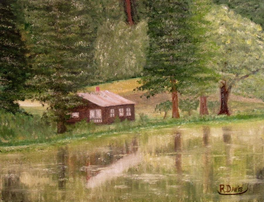 A Mountain Cabin On The Lake Painting By Raymond Davis