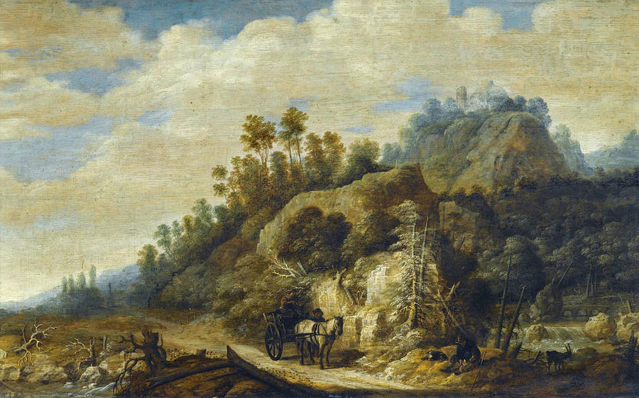 A mountainous landscape with figures walking along a path with a horse and cart Painting by Joachim Govertsz Camphuysen