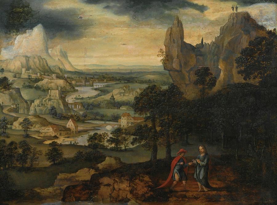 A Mountainous Landscape With The Temptation Of Christ Painting by Lucas ...