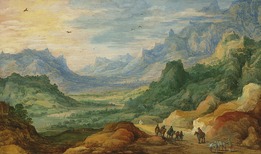Landscape Painting - A mountainous landscape with travellers and herdsmen on a path by Jan Brueghel and Joos de Momper