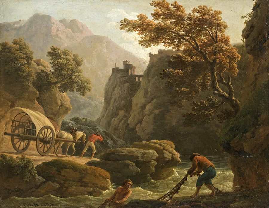 A Mountainous River Landscape with Fishermen in the Foreground Painting by Claude-Joseph Vernet