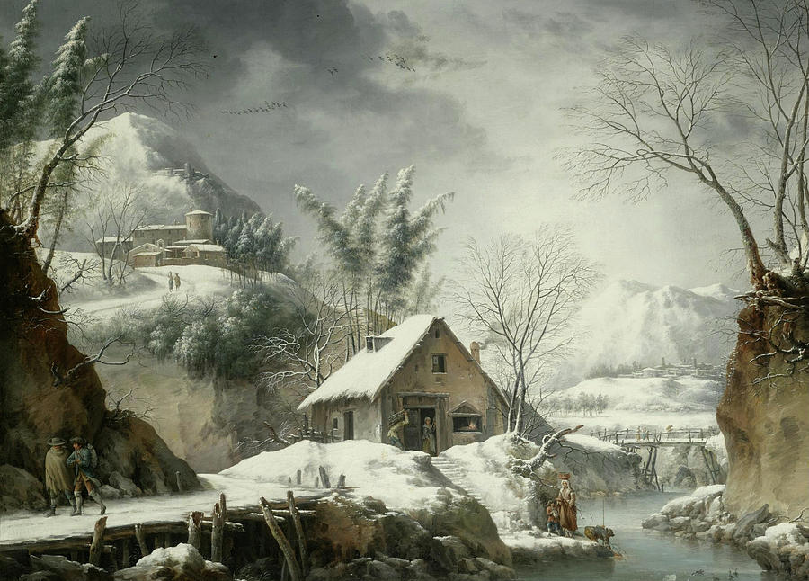 A mountainous Winter landscape with figures collecting water from a stream Painting by Francesco Foschi