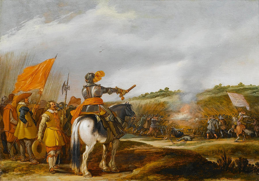A mounted general addressing his troops an infantry battle beyond Painting by Esaias van de Velde