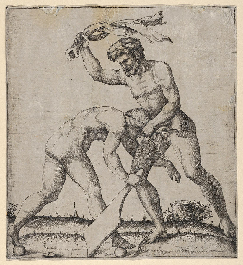 A naked man holding Fortune by the hair and whipping her Drawing by Marcantonio Raimondi