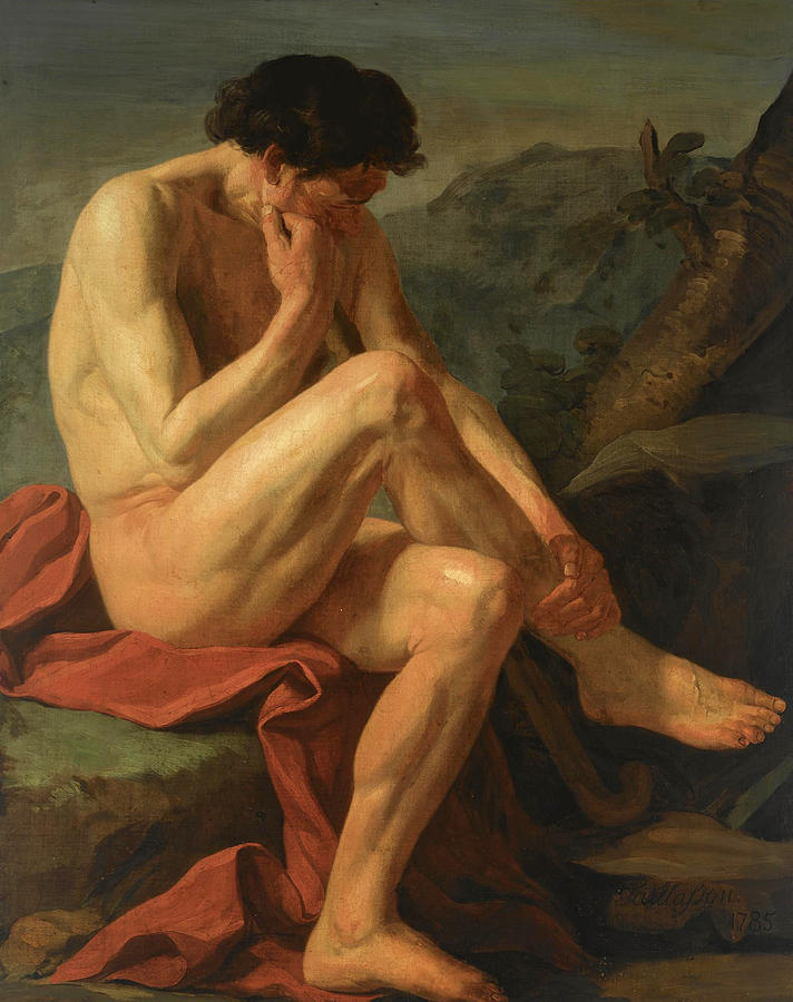 A Naked man sitting in a Landscape Painting by Jean-Joseph Taillasson
