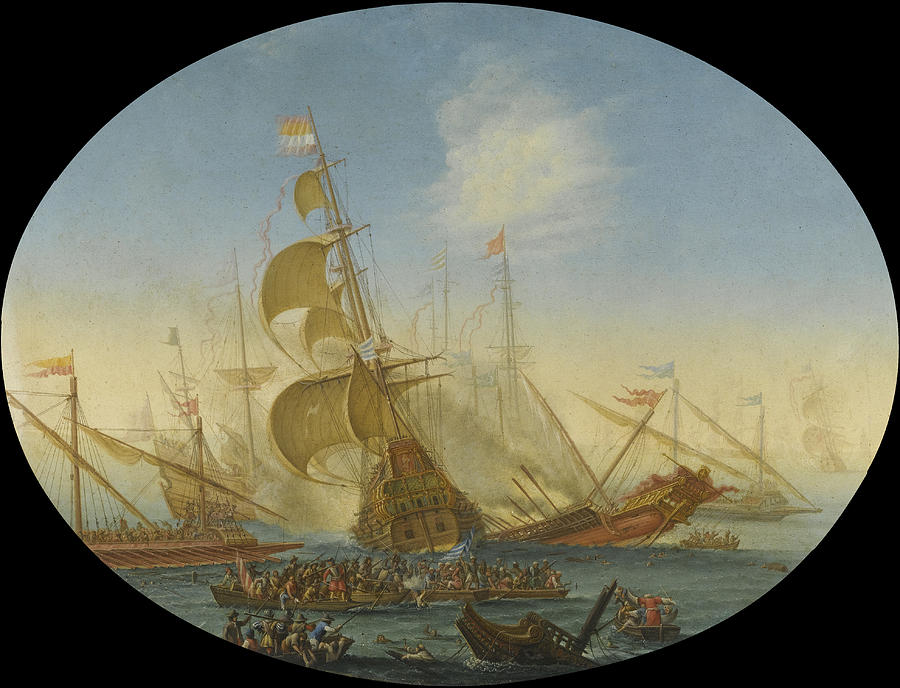 A Naval Battle between Turks and Christians Painting by Attributed to Orazio Grevenbroeck